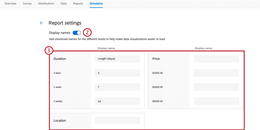 the report settings for a simulator report