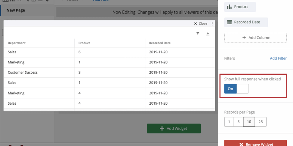Opção descrita no painel de edição do widget à direita de uma rede de registros (visível apenas quando clicado duas vezes)