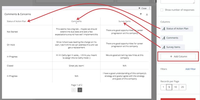 Columns button in editing pane to right. Arrows show selected columns correspond to column headers