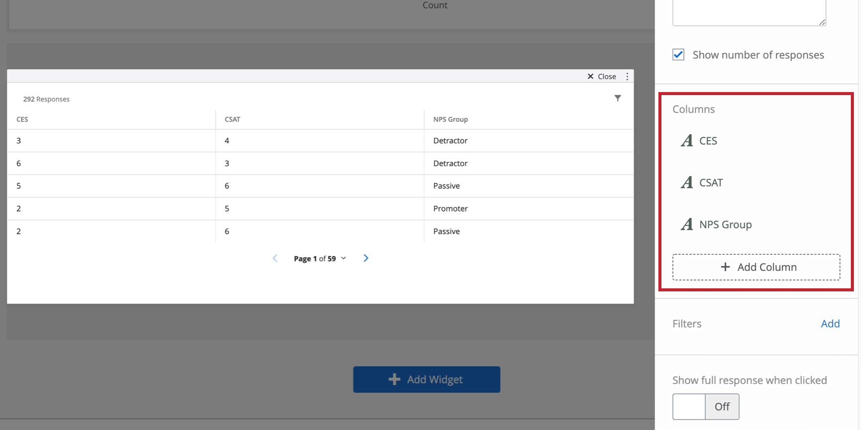 Pulsante Aggiungi colonna nel riquadro di modifica del widget di destra