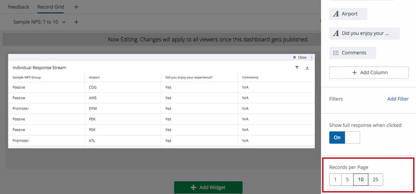 Records per Page section in righthand editing pane
