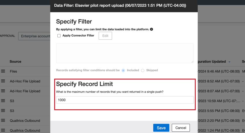 das Feld „Datensatzlimit angeben“