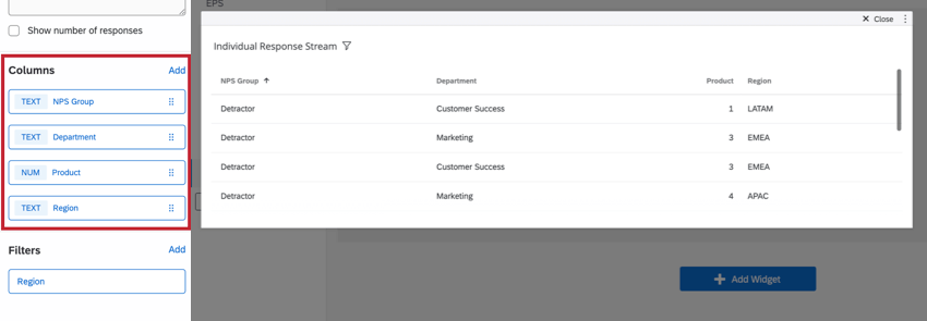 Configuration des colonnes dans le menu du widget.