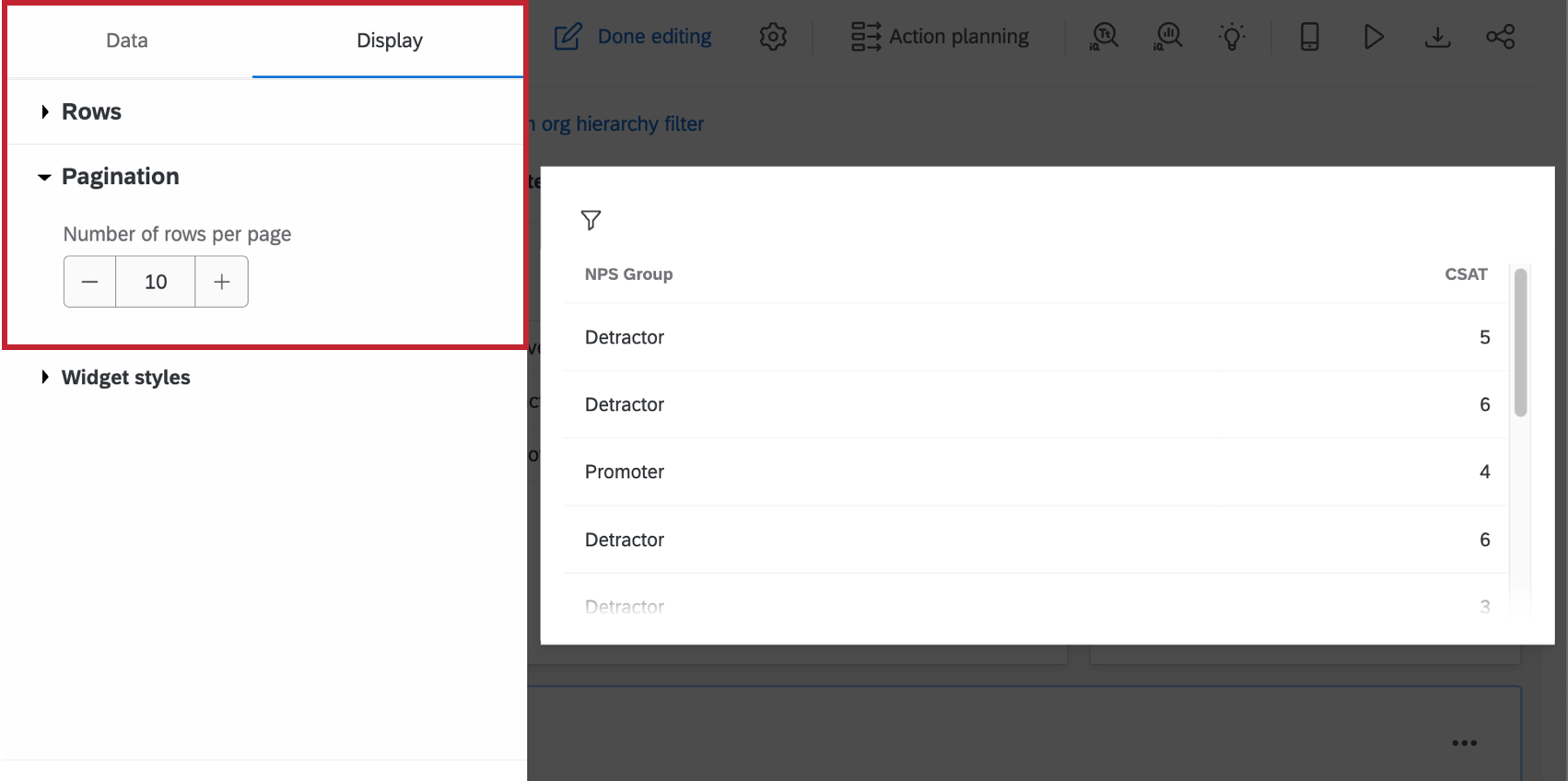 Opções de exibição widget da tabela de registros