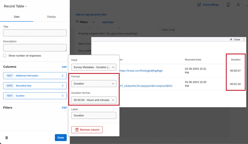 Colonna Durata selezionata nel pannello di modifica del widget. vedere lopzione di formattazione per la durata impostata su ore e minuti
