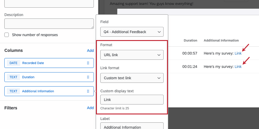 Additional information column selected, and format set to URL link. this makes more fields and dropdowns where the link can be formatted appear in the menu