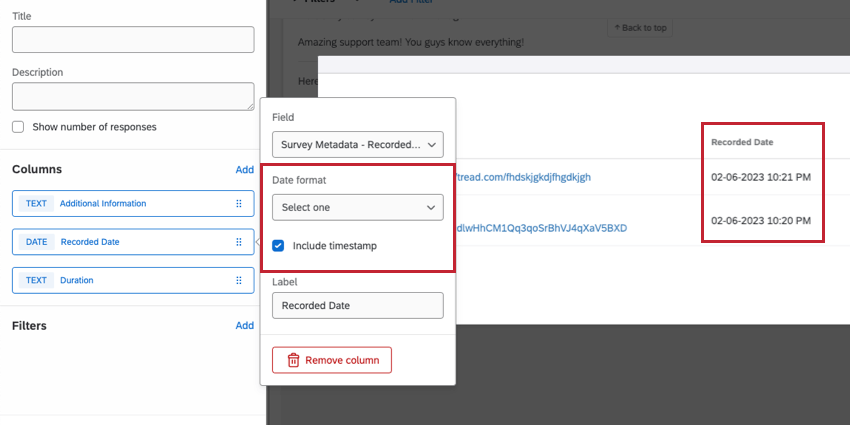 Coluna de data registrada clicada, mostrando um menu onde um formato de data pode ser definido, incluindo um carimbo de data/hora