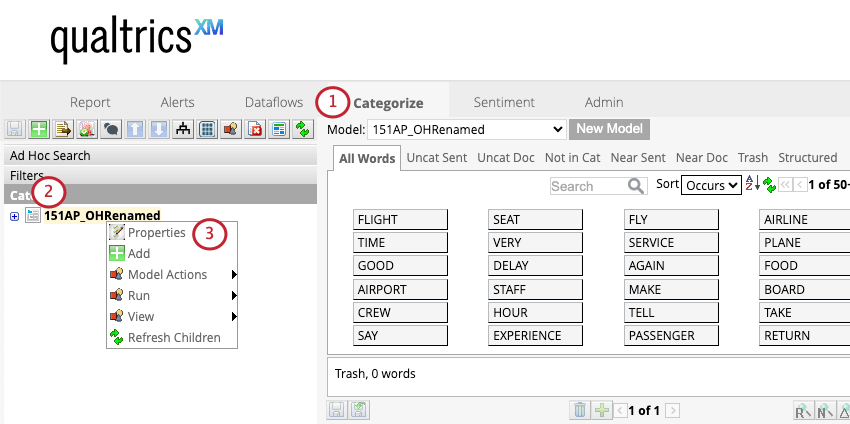 right clicking a category model and selecting properties