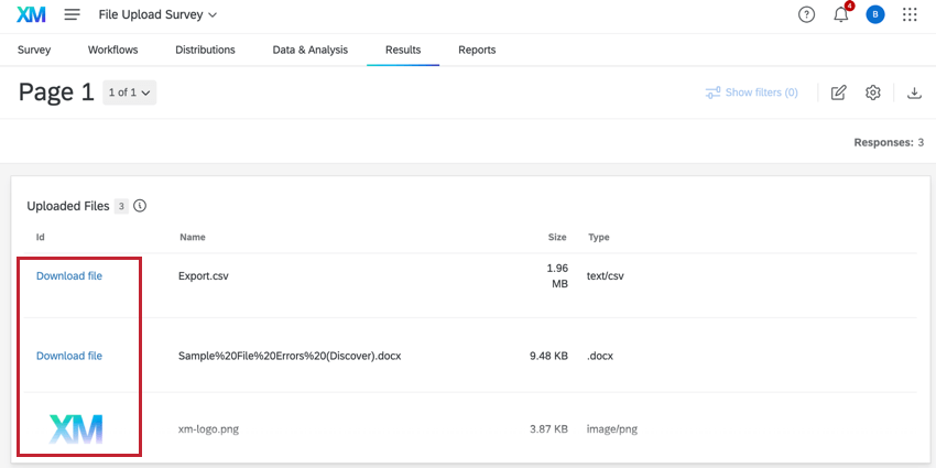 Visualización de archivos cargados en un widget de tabla de registros en un Tablero de resultados