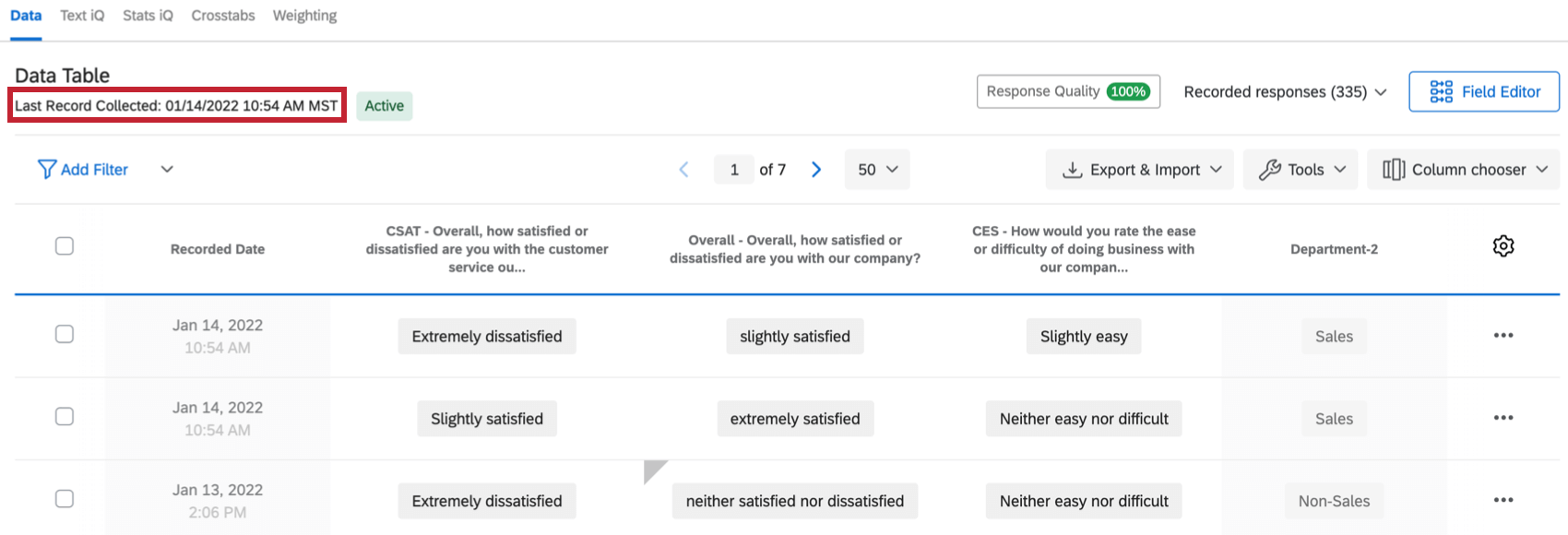 The dataset update frequency section is highlighted, showing how recently responses were collected and how active the dataset is