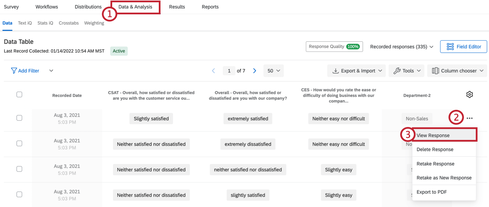 Dropdown to right of a response expanded, and view response is the first option in the resulting menu