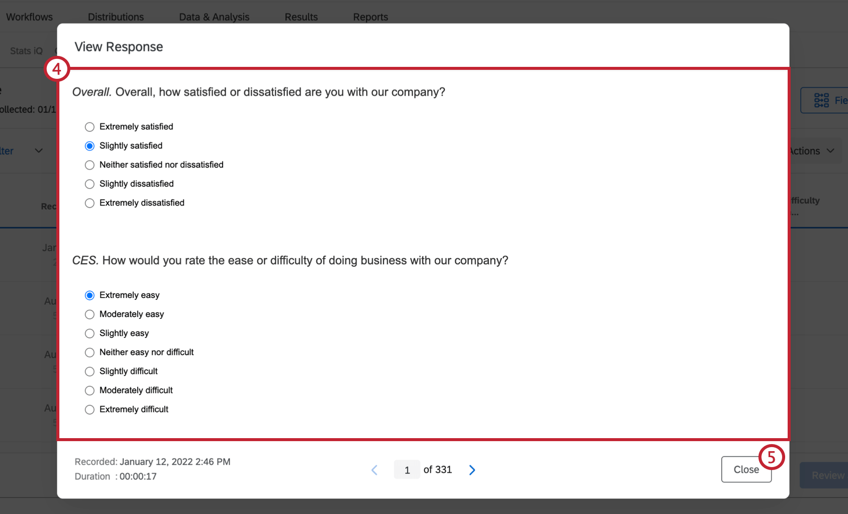 A response opens as a new window over the recorded responses page