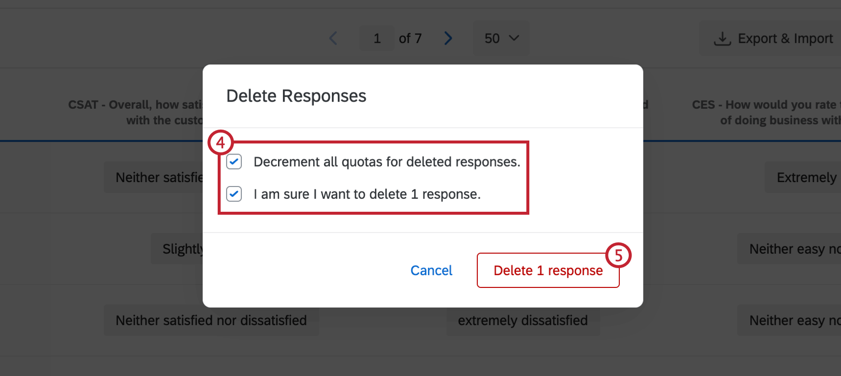 Delete responses window. Two check boxed options. Delete button lower-right in red