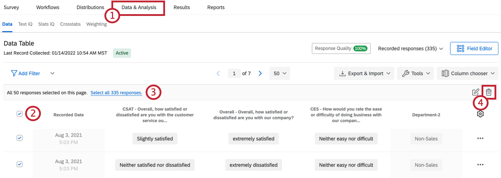 selecting all responses to delete