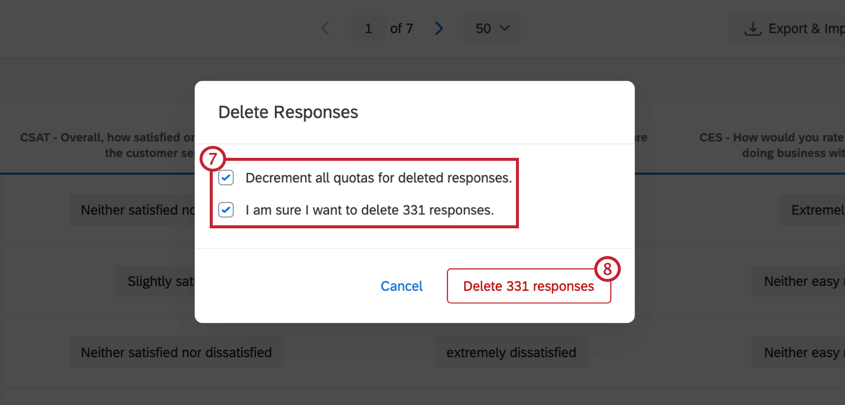 Menu Elimina risposte con casella di conferma selezionata