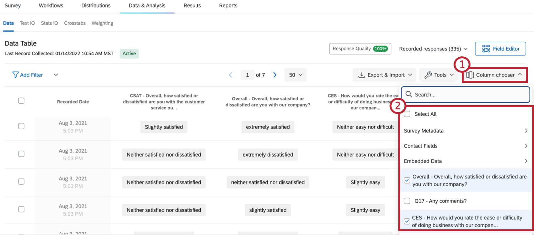 Choosing columns in the Tools menu of the Data & Analysis