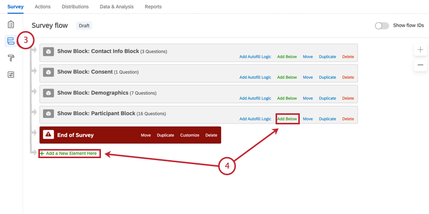 navigating to survey flow and adding a new element