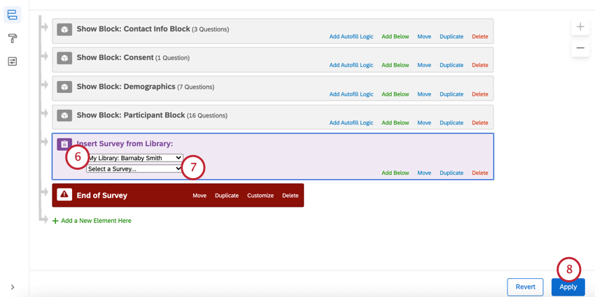 Wählen Sie die Bibliothek und die Umfrage aus. Klicken Sie dann auf „übernehmen“, um die Änderungen zu speichern.