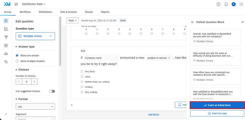image of import from library panel open and the button under the block we chose says insert as linked block
