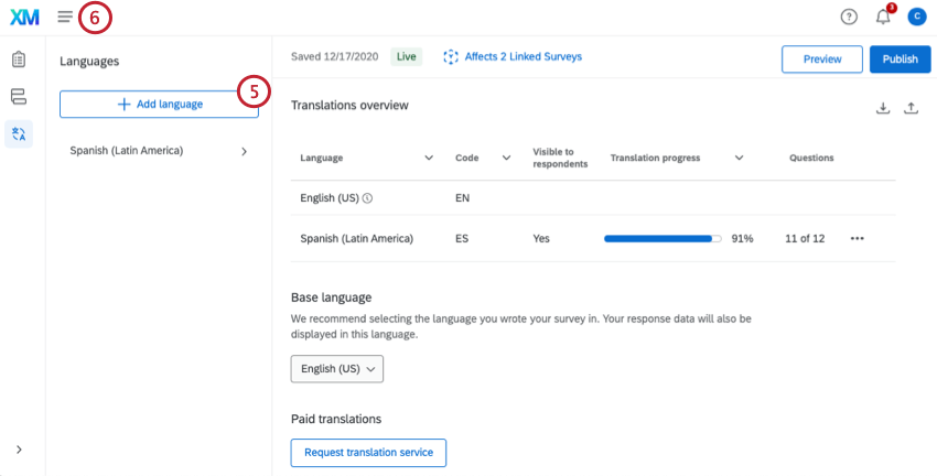 La ventana de traducción para agregar traducciones de encuesta