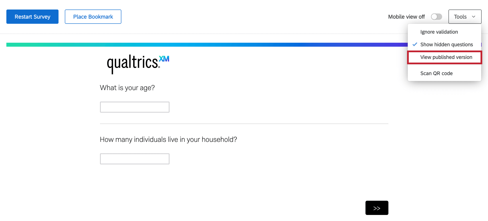 Inside a survey preview, tools dropdown towards center-right very top expanded