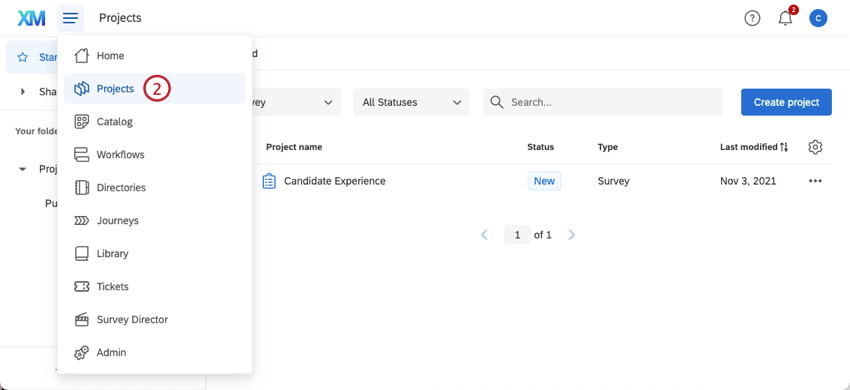 the projects page. clicking the projects actions menu for a project
