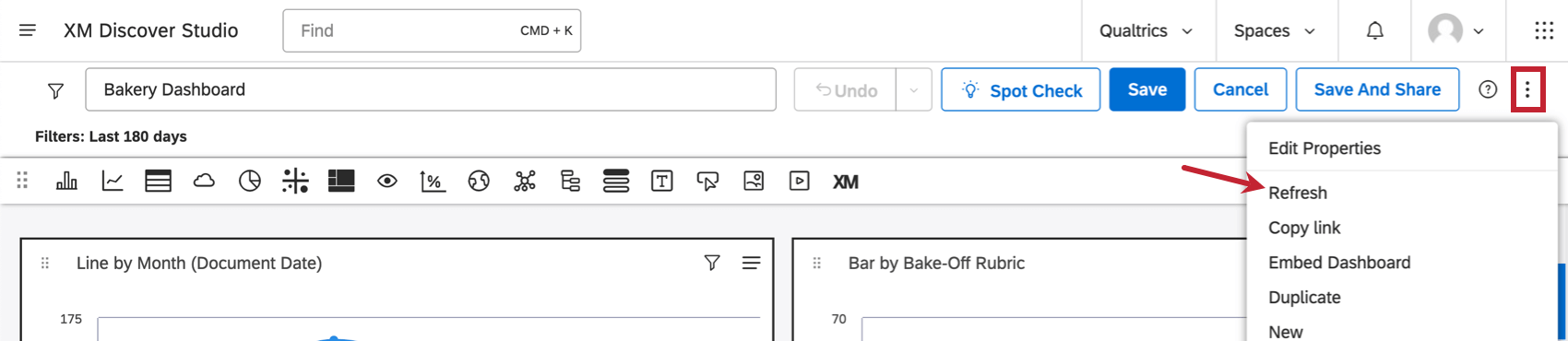 Header of a dashboard. 3 dots menu opened to show refresh option