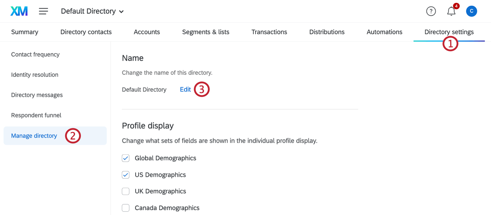 Image of directory settings, manage directory selected to left, renaming option along top of page