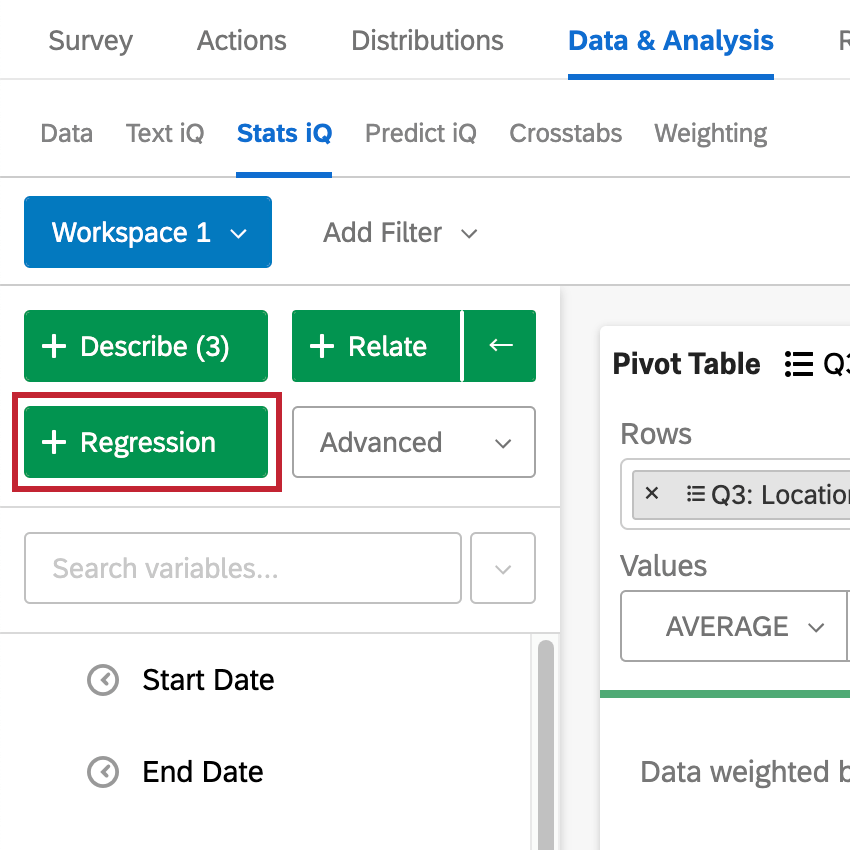 Top-left of stats iQ, selecting the regression button