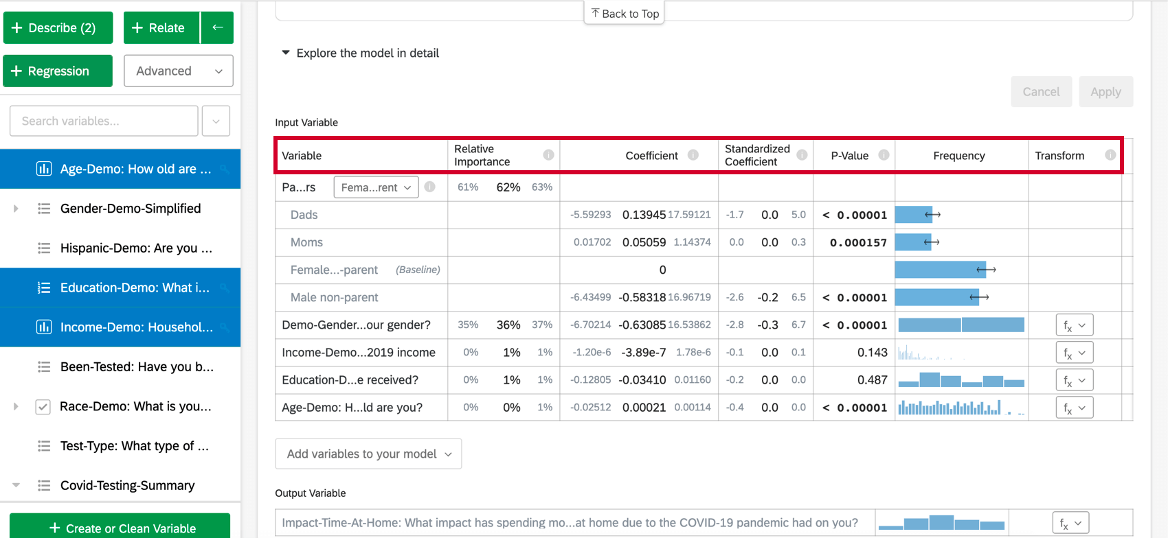 Tableau avec les variables dentrée, limportance relative, le coefficient, le coefficient standardisé, la valeur p, la fréquence et la transformation