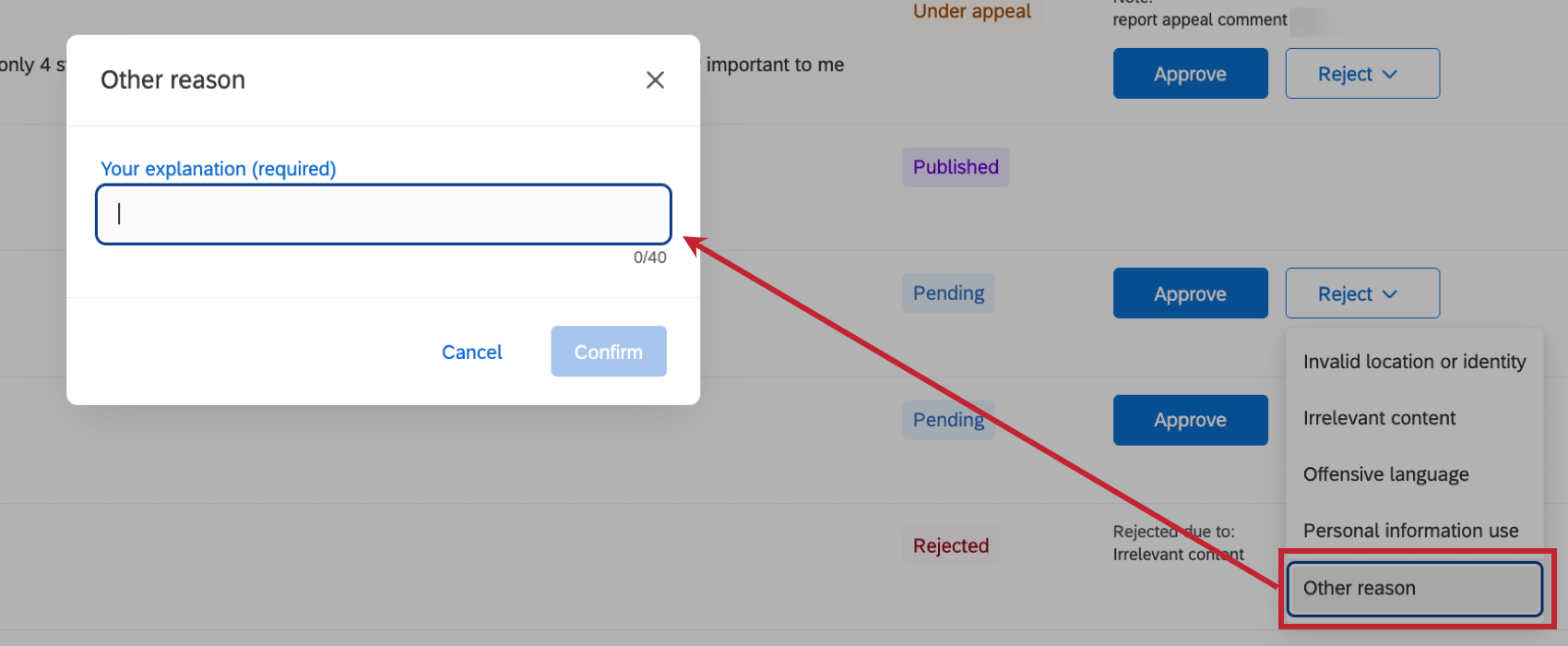 selecting "other reason" as the rejection reason