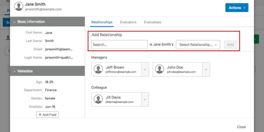 Pestaña Relaciones dentro de la ventana de Información del Participante