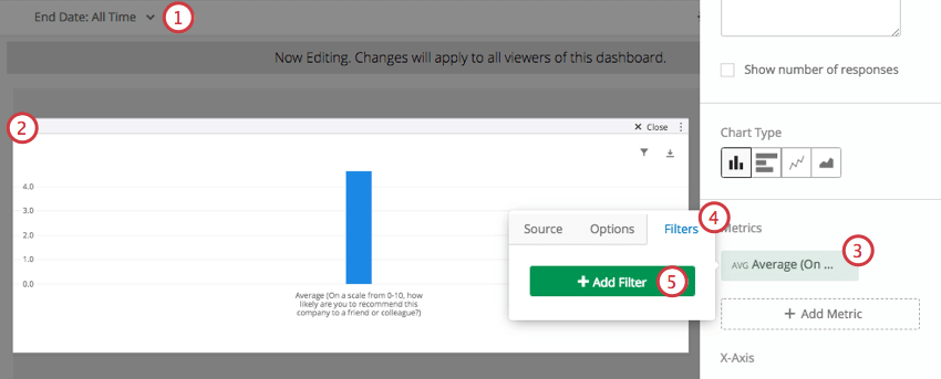 Page Filter grayed out in background, simple table opened to edit the filter on a metric (right side)