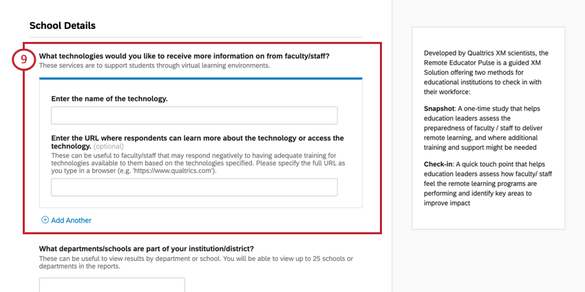 Screenshot einer exklusiven Snapshot-Frage. Es gibt ein blau umrandetes Feld mit zwei Feldern für jede Technologie, die Sie hinzufügen möchten.
