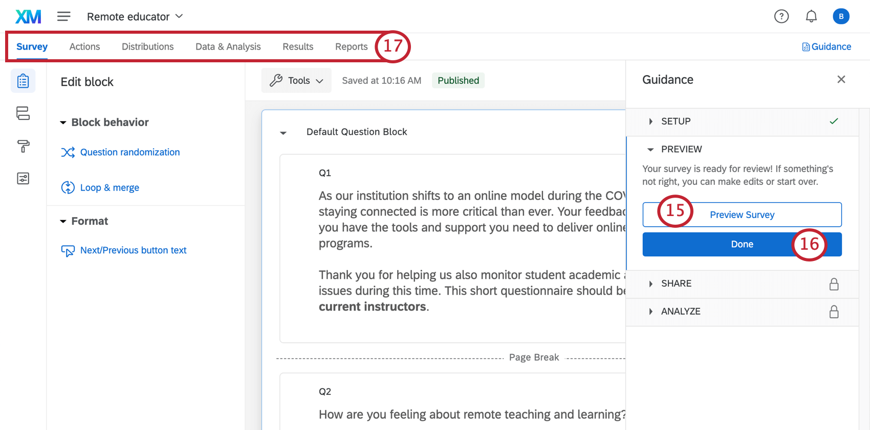 Survey builder open with a guidance sidebar to the right that takes you through key steps
