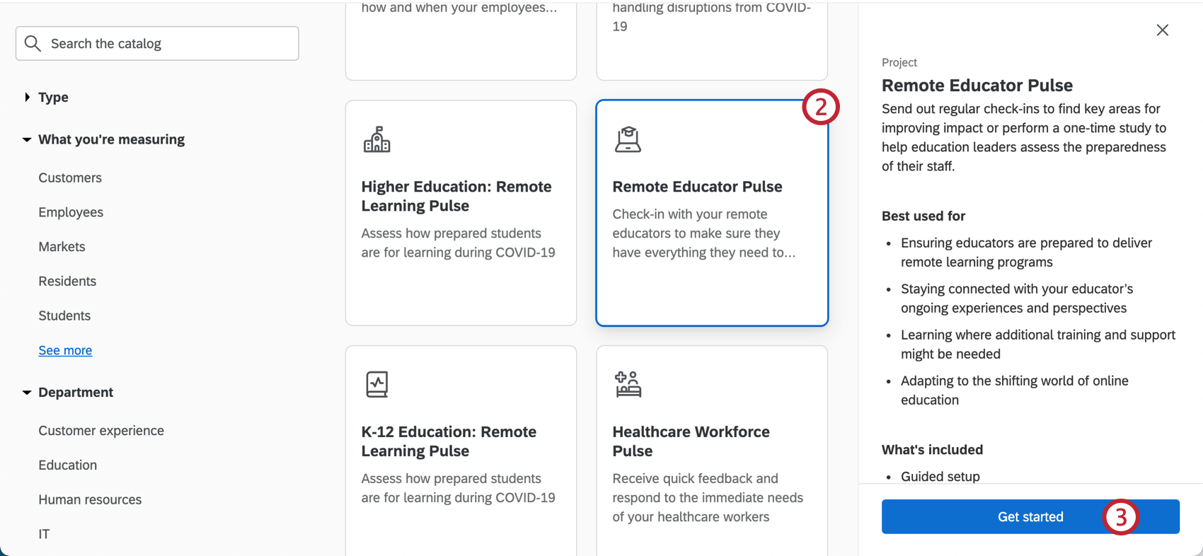 Image of catalog, selecting the described project, seeing a sidebar open on the right describing it, ending with a button to get started creating it