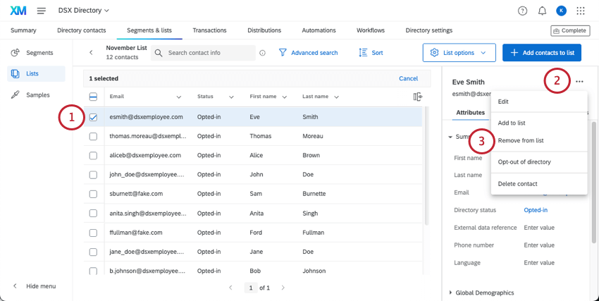selecting just 1 contact and then selecting remove from list