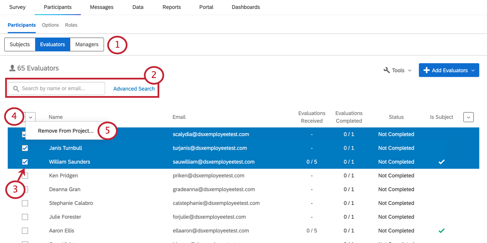 Participants sélectionnés dans la liste