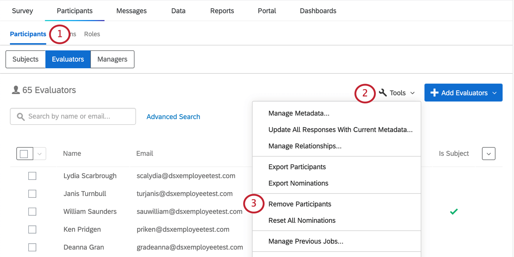Tools menu open in participants tab