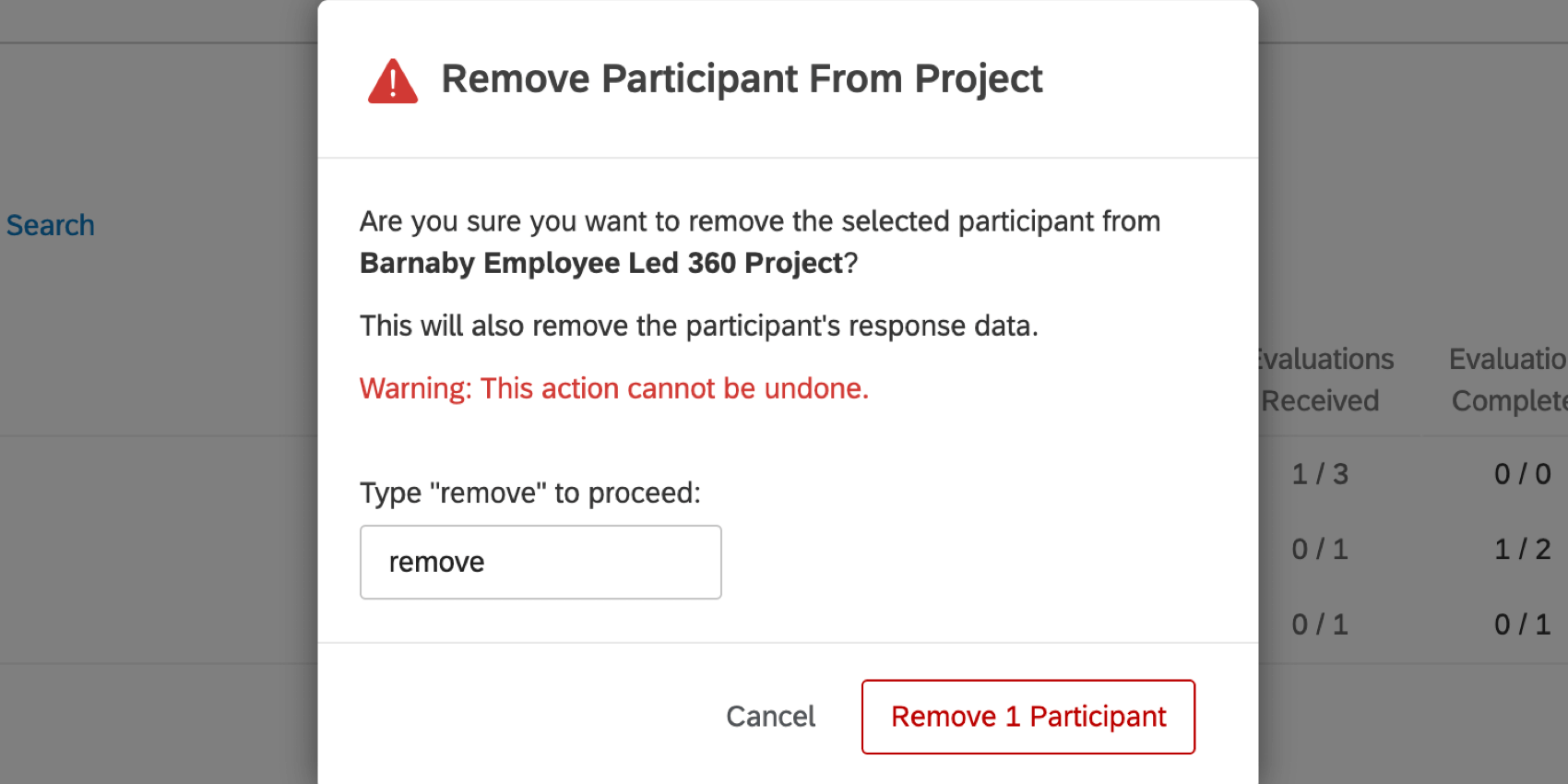 the confirmation window for removing a participant