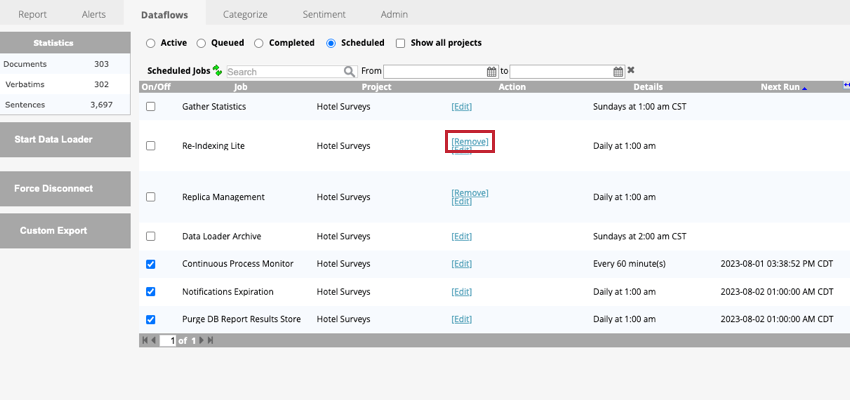 Haga clic en eliminar para eliminar el flujo de datos