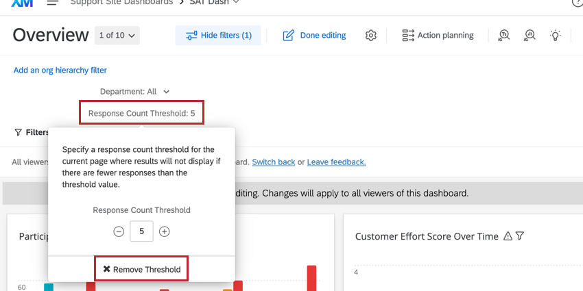 Entfernen eines Schwellenwertfilters aus einem Dashboard