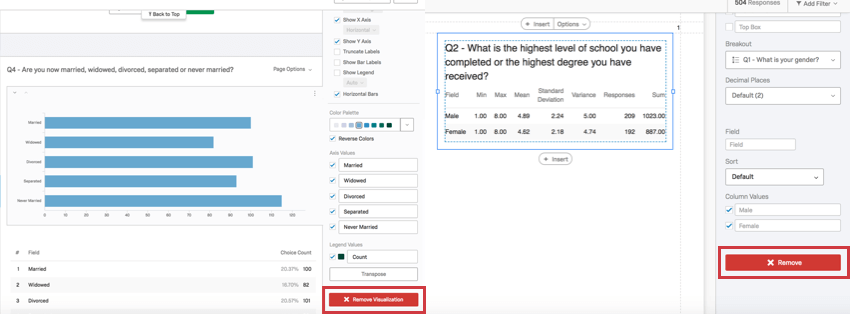 Left is results graph. Right is advanced report table. both are clicked, revealing red remove buttons to their bottom-right