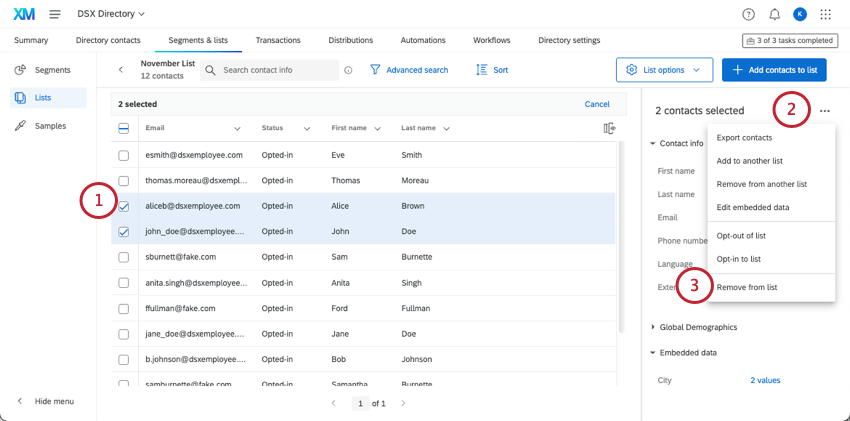 Seleccionar varios contactos y resaltar eliminar de la lista