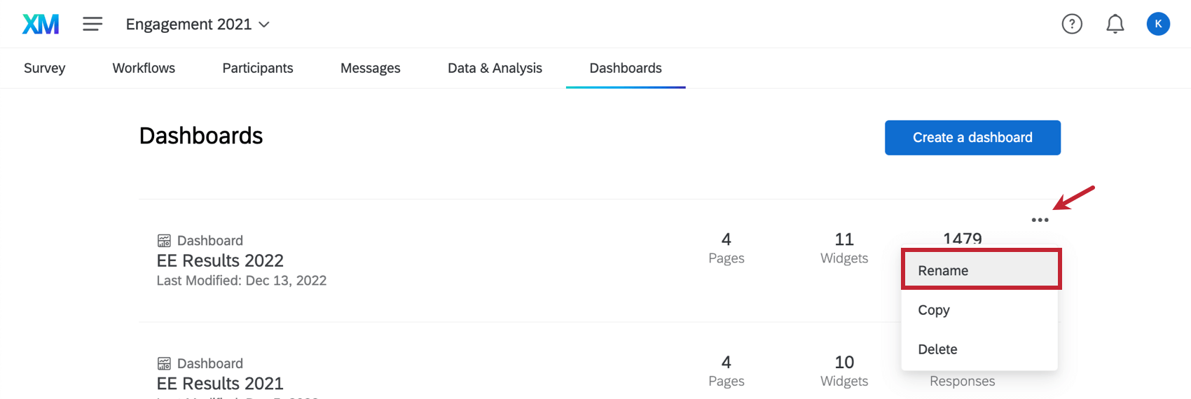Opção Renomear no menu suspenso Ações Dashboard