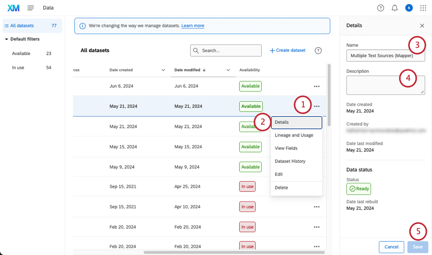 en cliquant sur les 3 points dun jeu de données, en sélectionnant les détails, puis en consultant le menu qui souvre à droite