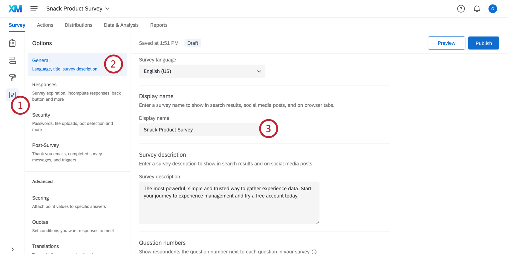 Changing the display name in the survey options