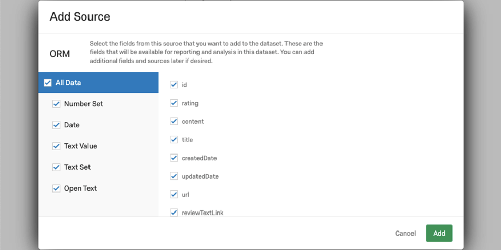 Mapping window with a list of fields to be selected or deselected