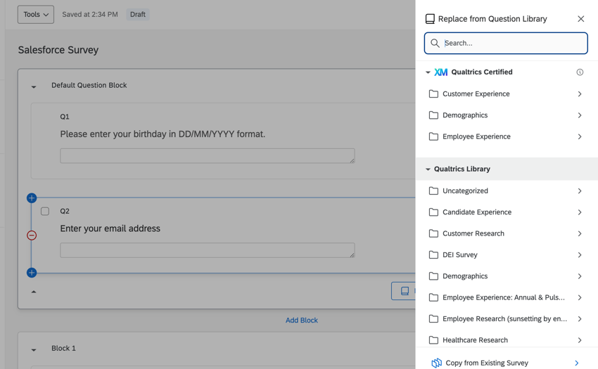 Verwenden der Option „Aus Bibliothek ersetzen“, um eine Umfrage auszuwählen