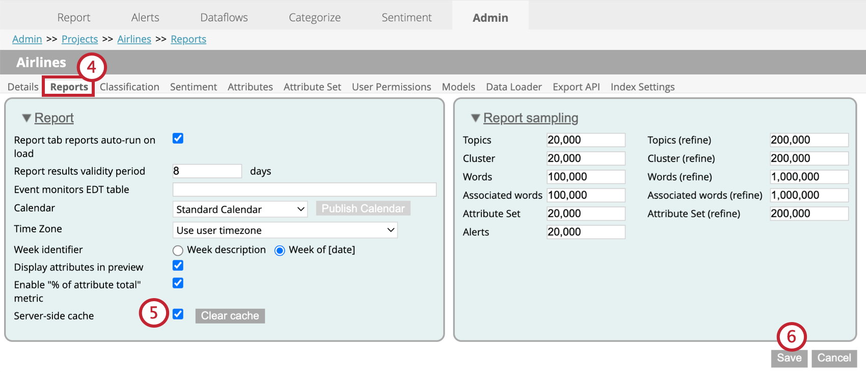 configuration options within the reports tab